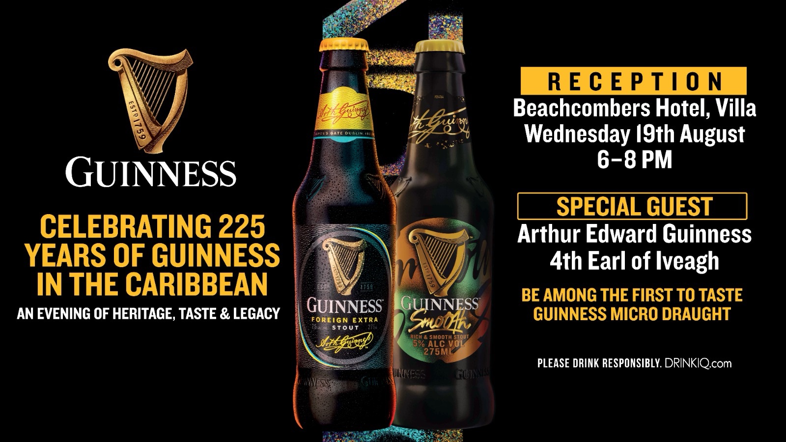 Guinness 225 reception invitation — Celebrating 225 Years of Guinness in the Caribbean, Beachcombers Hotel Villa, 19 August 2026, 6–8 PM, with special guest Arthur Edward Guinness, 4th Earl of Iveagh